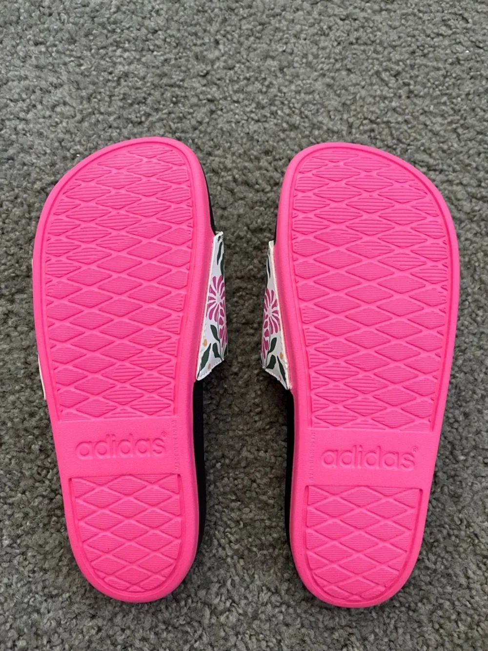 adidas Black Slide Sandals with Pink Trim and Floral Strap - Picture 3 of 8